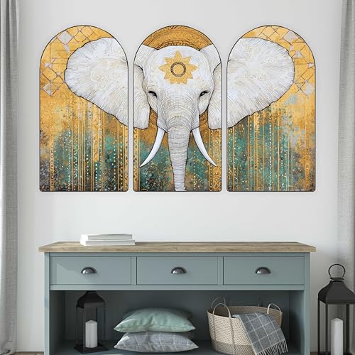 Image of Livin'luxe Majestic White Elephant Wall Painting | Spiritual & Artistic Set of 3 MDF Panels | Golden Teal Abstract Decorative Wall Art for Living Room, Bedroom, Office & Home Decor