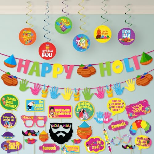 Image of Party Propz Holi Decoration Items for Home - 63 Pcs Holi Props for Decoration, Unique Banner and Swirls Set, Complete Party Decor Kit for Home, Office, Vibrant and Eye-catching Design (Cardstock)
