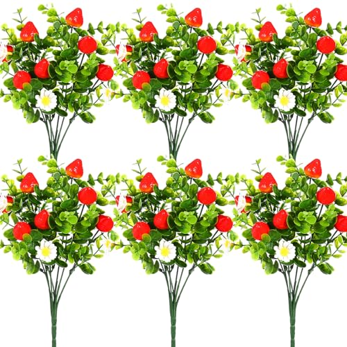 Tigeen 6 Pack Strawberry for Decoration Fake Strawberry Branches Artificial