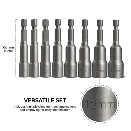 Image of NEIKO 10065A 1 /4 inch Hex Shank Magnetic Power Impact Nut Driver Set |8 Piece Tool Set | Professional Grade Socket Nut Setters| Metric | Sizes 6 to 13 MM | Cr-V Steel