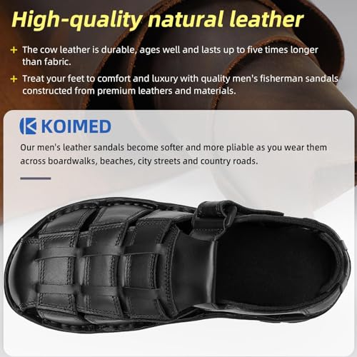 KOIMED Men's Fisherman Leather Sandals With Adjustable Back Strap Comfortable Summer Outdoor Sport Beach Hiking Casual Dress Sandles Memory Foam Closed Toe Black2