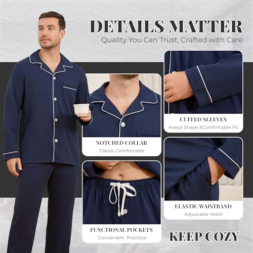 Image of U2SKIIN Mens Cotton Pajama Set, Soft Long Sleeve Pajamas for men Lightweight Button Up Sleepwear Lounge Pjs Set with Pockets