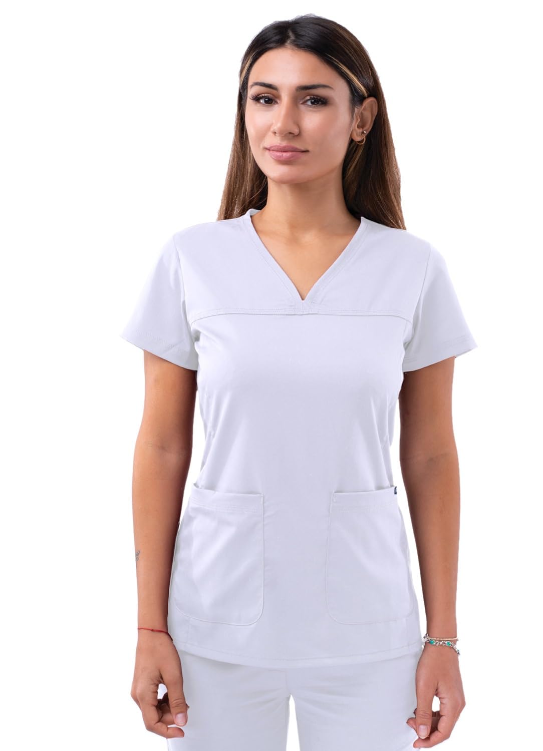 Adar Pro Scrubs for Women - Sweetheart V-Neck Scrub Top - P4210 - White - M