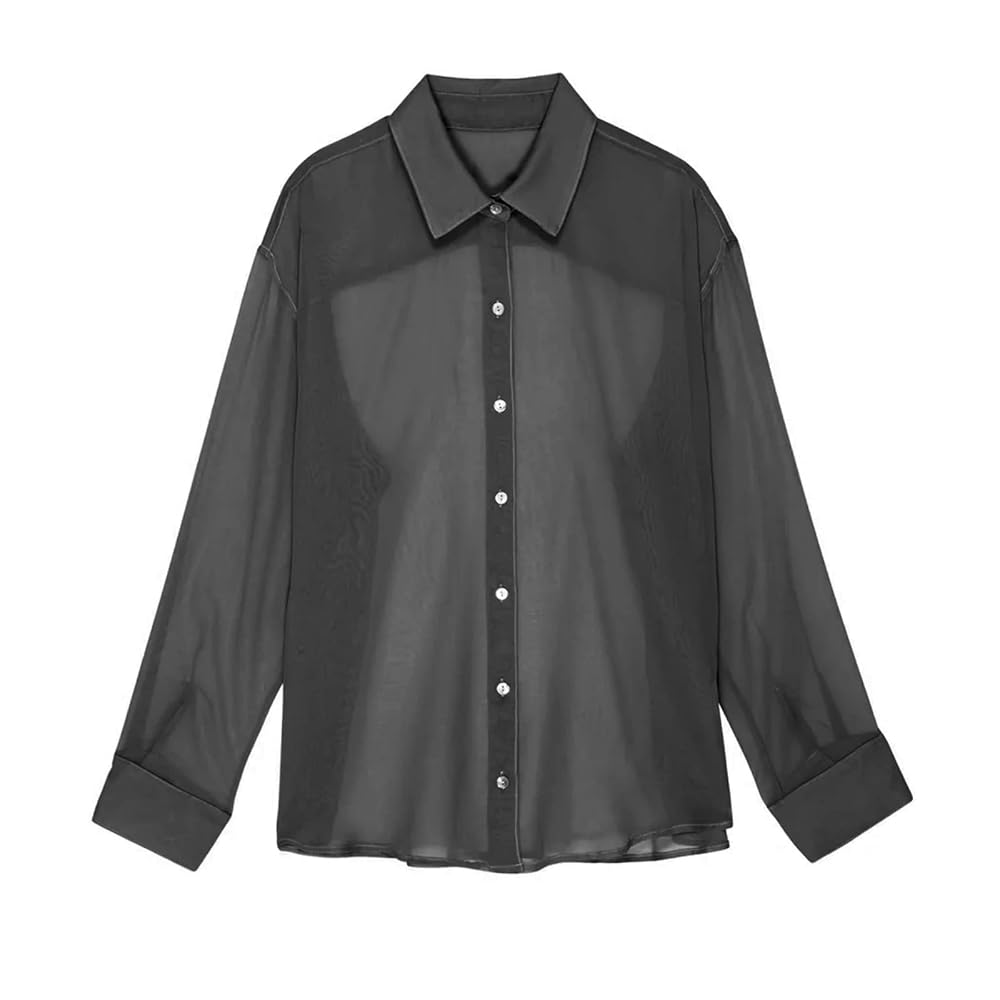 Women's Sheer Mesh Tops Button Front Down Shirt Top Long