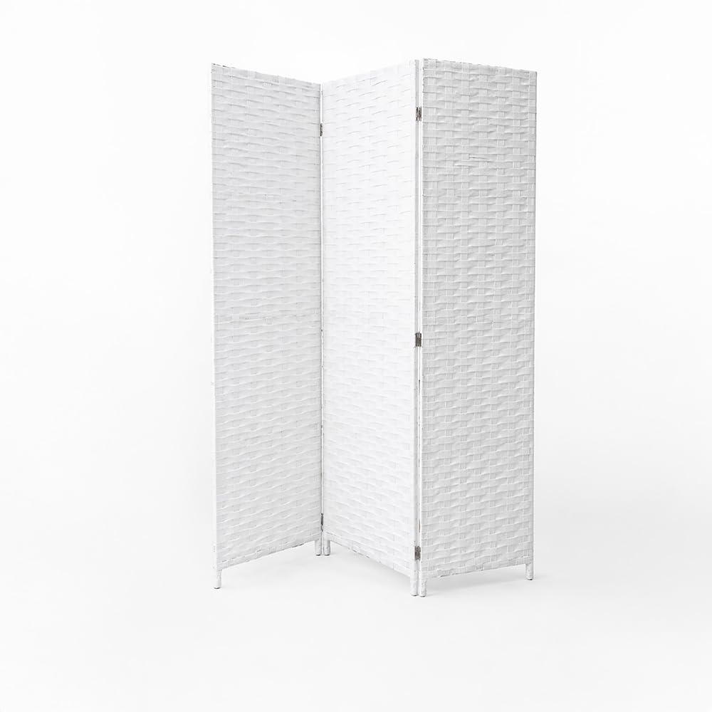 Separè da Interno 3 Pannelli 180X135h CM - Divisorio per Ambienti, in Plastica, Struttura in Legno, Motivo Intrecciato, Autoportante, per Soggiorno, Ufficio, Camera, Pieghevole - (Bianco)