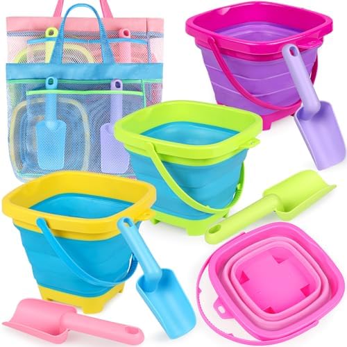 TSDATOWR Beach Toys, 4 Collapsible Buckets with Shovels for Kids Ages 3-12