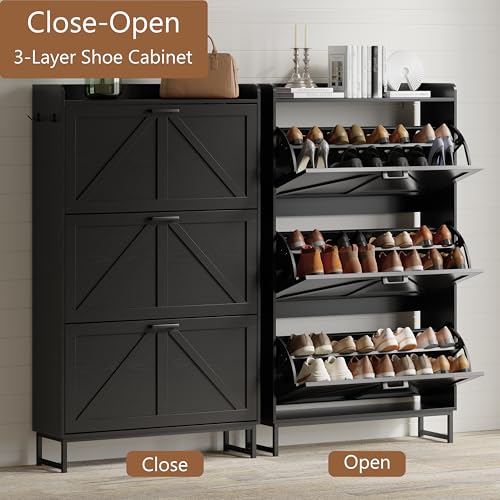 Image of Shoe Cabinet with 3 Flip Drawers, Freestanding Hidden Shoe Storage Organizer for Entryway, Narrow Slim Shoe Rack Cabinet with Open Storage & Hooks for Front Door Entrance, Living Room, Hallway, Black
