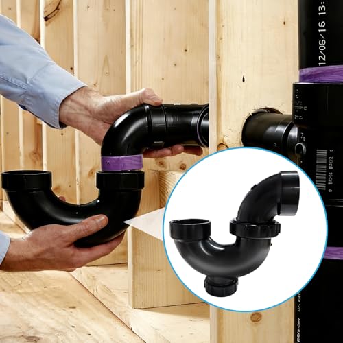 Image of Lesso Inch ABS P-Trap - HUB x HUB x Cleanout with Plug, Black, Leak-Proof Sink Drain Trap for Kitchen /Bathroom Plumbing