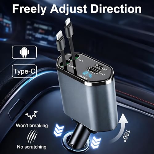 Image of Upix 4-in-1 Retractable Car Charger 120W Super Fast Charging, Dual Ports Car Adapter with Type-C & Lightning Cable for iPhone, Android, ipad - Compact & Tangle-Free