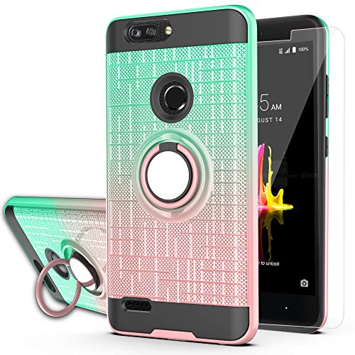ZTE Blade Z Max Case,ZTE ZMax Pro 2 Case,ZTE Sequoia Case with HD Screen Protector,AYMECL 360 Degree Ring Holder Gradient Dual Layer Protective Case for ZTE Z982-BG Mint&Rose Gold