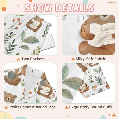 senya Bears Reading A Book Satin Summer Pajama Sets Silk Short Sleeve Button Down Sleepwear3