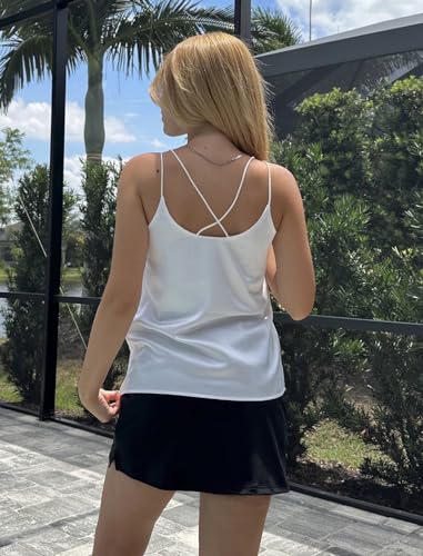 Image of Ekouaer Womens 2-Pack Silk Satin Camisole Tank Top V Neck Sexy Cross Back Spaghetti Strap Cami Sleeveless Lounge Tops S-XXL