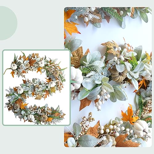 Image of Thanksgiving Fall Wreath, Eucalyptus Berries Pumpkins Lamb Ears Leaves Autumn Wreaths for Front Door, Fall Decor, Porch Wall, Home Outdoor Holiday Decorations (Pumpkin Garland)