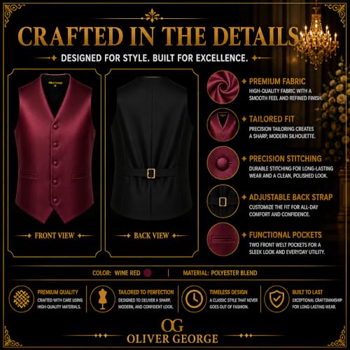 Image of Oliver George 4pc Men's Solid Formal Suit Waistcoat Tuxedo Dress Vest Necktie Bowtie Handkerchief Set for Suit or Tuxedo