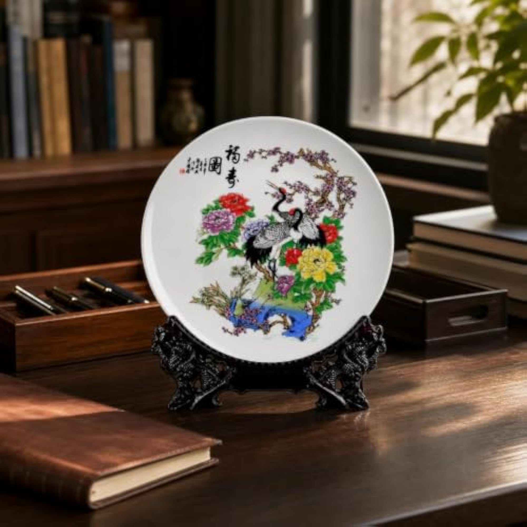 Jingdezhen Ceramic Decorative Plate with Stand, Hand-Painted