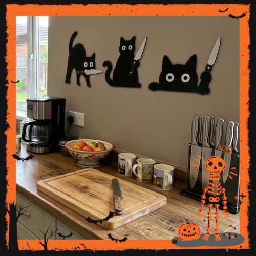 Lucky Merit Black Cat Halloween Decor, 3 Pcs Wooden Cat Kitchen Wall Art - image 6