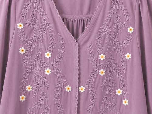 Image of RIEKA Womens Embroidered Korean Style Top and Tunic; V Neck| Floral Thread Embroidery| Three Quarter Puff Sleeves |Relaxed Fit Curved Hem| Casual Everyday Fusion Top