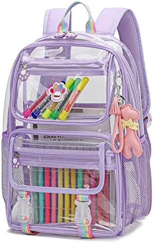 Maod Clear Backpack Heavy Duty Stadium Approved School Transparent Book Bag with Reinforced Padded Straps and Complimentary Gift(Purple)