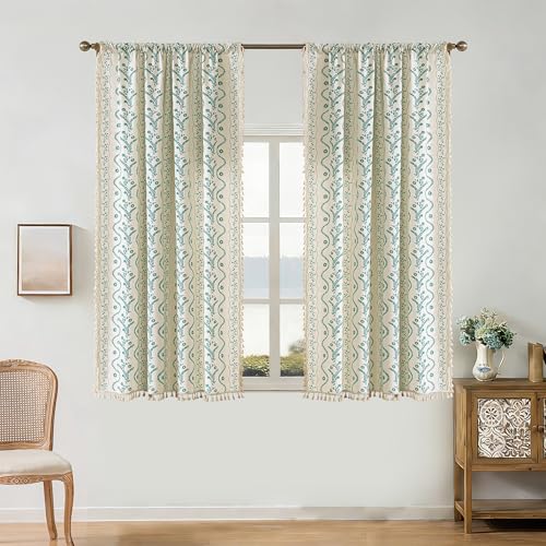 Image of Boho Curtains 63 Inch Long for Living Room, Bedroom,Turquoise White 2 Panels Floral Farmhouse Vintage Tassel Semi Sheer Light Filtering Privacy Window Curtain Drapes with Rod Pocket
