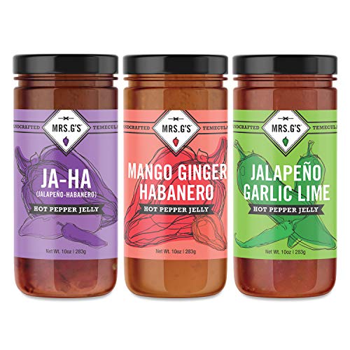 Mrs. G's Hot Pepper Jelly: Ja-Ha (Jalapeno-Habanero), Mango Ginger Habanero, Jalapeno Garlic Lime, 10 oz. jar (3/pk)…