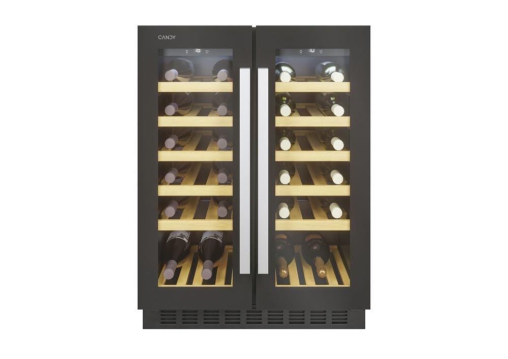 Candy DiVino CCVB 60D/1, Vinoteca Integrable Dos Zonas, 119L, 38 Botellas, Control Independiente, 12 Baldas, Tratamiento Anti-UV, Compresor Silencioso, LED, Temperatura 5º a 18º, 39DB, Clase G, Negro