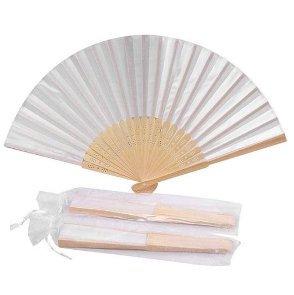 Éventails pliants de mariage en soie blanche haut de gamme et bambou naturel texturé