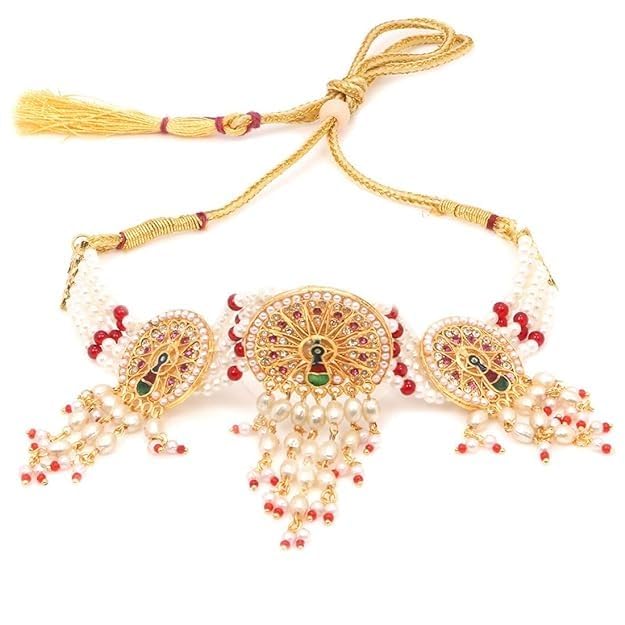 Womens Primeriea Elegant Stylish Traditional Party & Casual Wear Gold Plated Stone Studded Off White Pearl Beaded Meenakari Peacock Style Necklace Set With Earrings(Red) (B0CP3V5SLP) Amazon Price History, Amazon Price Tracker