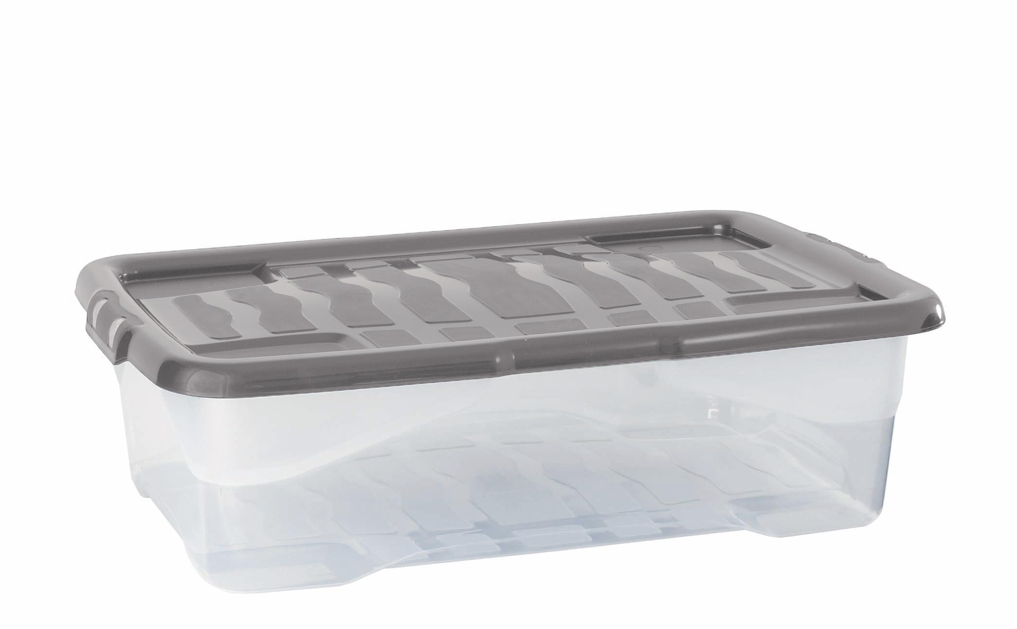 Strata Clear 3 X 30 Litres Curve Plastic Stackable Storage Box & Lid With Clip-On Lids, 3 Pack, Multi Storage Box For Home And Office Storage Solution Box, Grey Lid, (17Cm H X 40Cm W X 60Cm D)