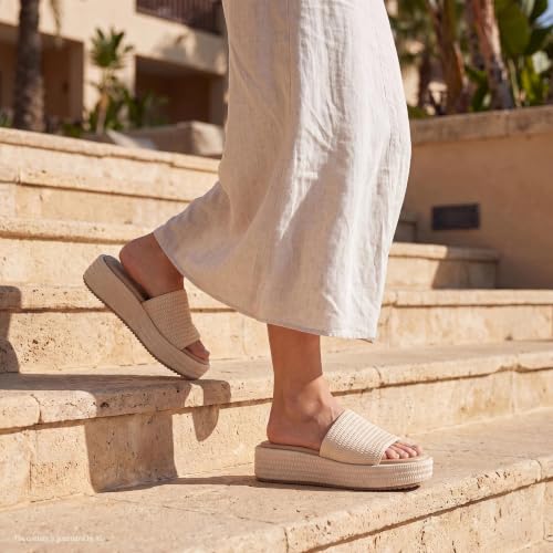Image of Monrovia Platform Sandals Women Raffia Espadrille Slides, Woven Straw Flatform Beach Sandals Women, Slip On Summer Vacation Shoes, Comfortable Casual Daily Wear