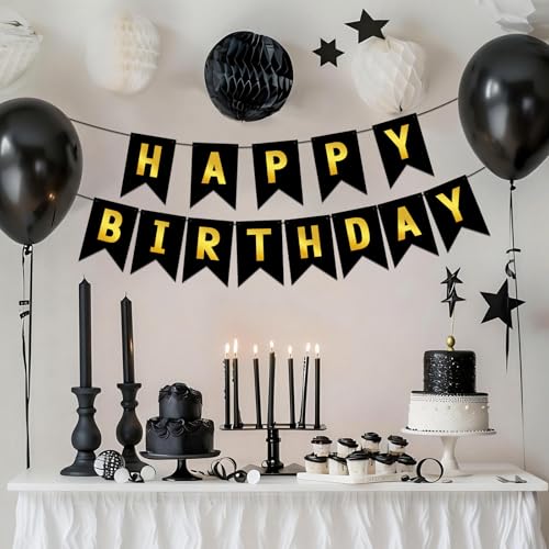 Image of Hooqict Happy Birthday Banner Black and Gold Birthday Decorations for Kids Men Women Black Party Banner Decorations Supplies Wall Door Garland Sign Bunting Flag