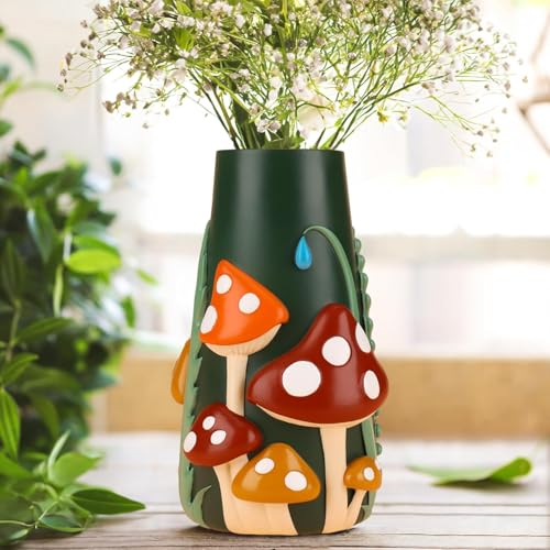 Amicera Mushroom Vase for Living Room Decoration, Colourful Mushroom Vases 20 cm, Rainbow Funky Mushroom Decor, Boho Decorative Flower Vases for Dining Table, Unique Aesthetic Garden Gifts, Green