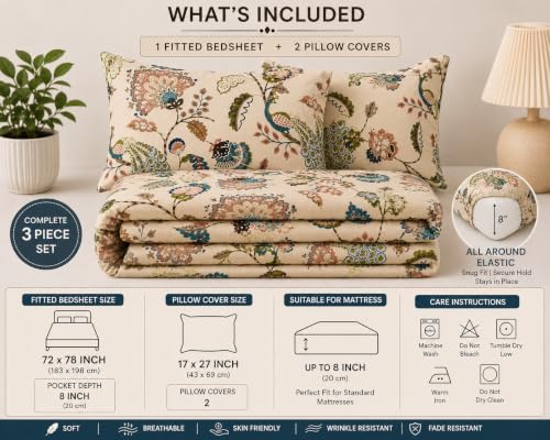 Image of DECORUM Cotton Feel Glace Cotton Fitted Bedsheet King Size (72 inchx78 inch)| All Around Elastic| 2 Pillow Covers (17 inchx27 inch)| Fits Up to 8 inch Mattress| 220 TC|Soft, Wrinkle-Free |Perfect for Home Decor & Gifting