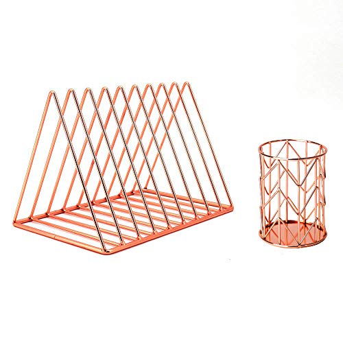 Desktop Organizer 2 Piece Desk Accessories Set - Magazine File Rack Book Record Triangle File Divider, Pencil Cup Pencil Holder,Office Desk Supplies Decor Home Office (Rose Gold)