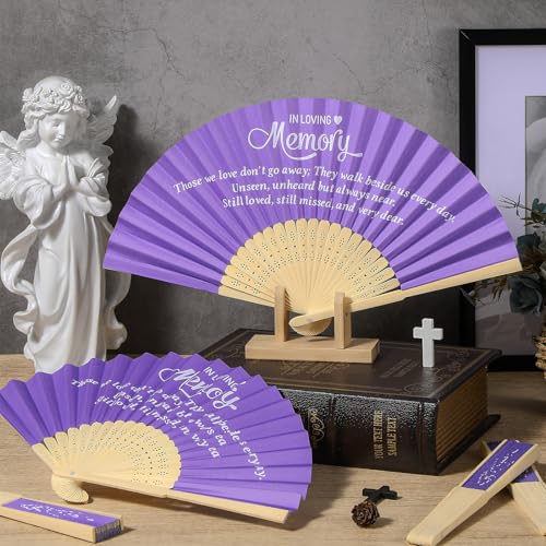 Image of Threehoney 50 Pack Funeral Favors for Guests in Loving Memory Handheld Fans Paper Folding Hand Fan Bulk Funeral Gifts for Services Condolence Sympathy Accessories (Purple)