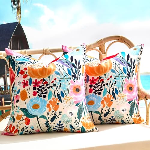 KWLET Outdoor Waterproof Throw Pillow Covers Set of 2 Floral Printed Blue Pink Orange Red Flower Pillowcase Farmhouse Outdoor Pillow Covers Square 18x18 Inch for Sofa Garden Patio Funiture Bench