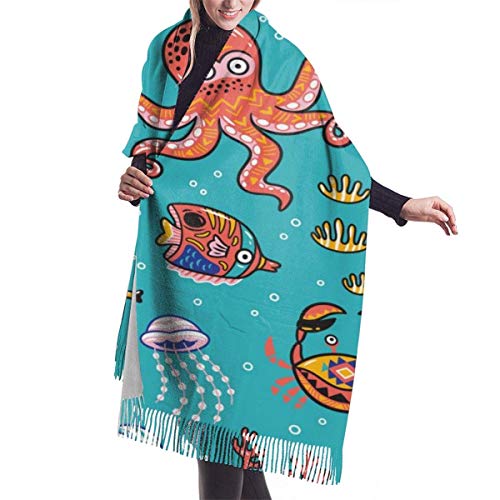 Bufanda de Invierno Para Mujer Chal Pashminas Pulpo Foca Narval y PescadoEn una caricatura Grande Larga de 196 * 68CM Chal Invierno Cálida Suave Manta para Mujeres