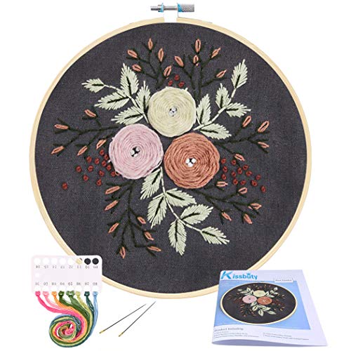 Full Range of Embroidery Starter Kit with Pattern, Kissbuty Cross Stitch Kit Including Stamped Embroidery Fabric with Floral Pattern, Bamboo Embroidery Hoop, Color Threads and Tools Kit (Pretty Roses)
