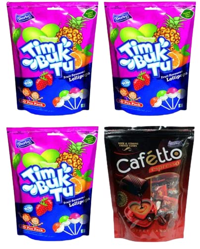 Derby Party Pack Of 4-Delighful Tim Buk Tu Mixed Fruit Lollipop Candy (Pack Of 3) And Cafetto Coffee Candy (Pack Of 1)/ Birthday Party Pack/Candy Pack/Return Gifts To Your Family&Friends.,700 Grams