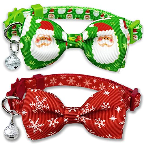 Pohshido Christmas Holiday Cat Collar with Bow tie and Bell, Winter Breakaway Kitty Kitten 2 Pack for Boy Girl