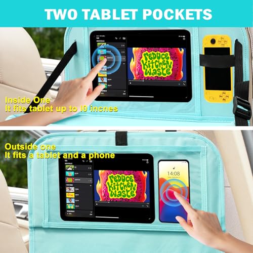 Image of 2Pack Car Backseat Organizer with Foldable Table Tray,6 Storage Pockets Car Storage Organizer with Tablet Holder,Car Seat Back Protectors Kick Mats Travel Accessories Blue