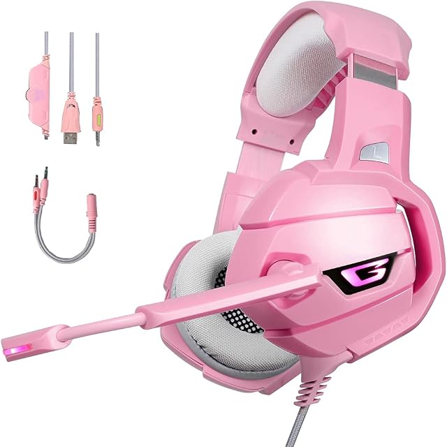 Hoopon KG95 PRO Girls Gaming Headset with Mic LED Light Noise Cancelling for Xbox One, PS5, PS4, PC, All-in-1 Over-Ear Gaming Headphones with 3.5mm Plug & Soft memory earmuffs & Volume Control Pink