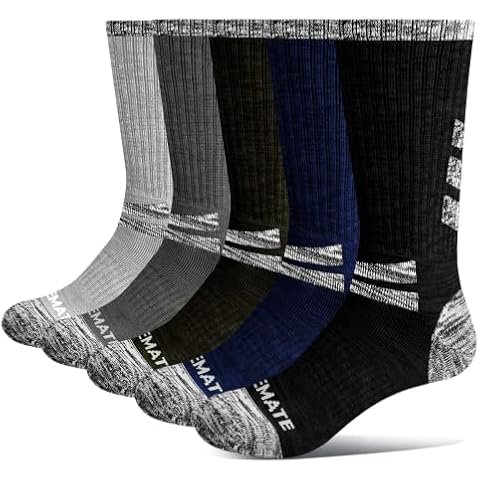 Closemate 5 Pairs Men's Cushion Crew Calf Socks Moisture Wicking Outdoor Multi Performance Hiking Trekking Walking Athletic Socks (1DarkBlue1Black1DarkGrey1Green1LightGrey, 9-12) Cover