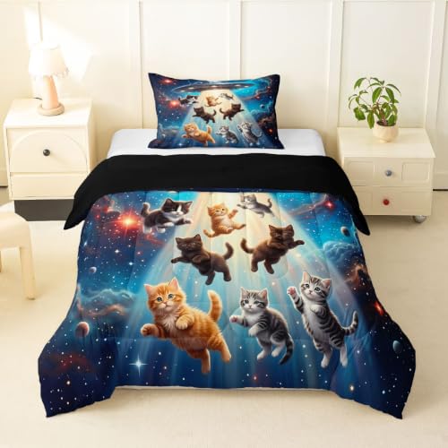 Feelyou Outer Space Cat Bedding Set Galaxy Nebula Pet Decorative Comforter Gorgeous Lovely Animals Quilt Set Twin Size 2Pcs