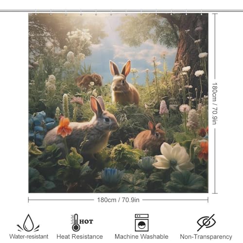Rideau de douche lapin en polyester lavable 183x183cm avec 12 crochets