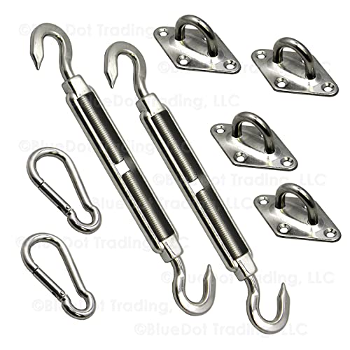 BlueDot Trading Sun Shade Sail Hardware Installation Kit - Stainless Steel - Canopy, Cover, Patio Awning - TURNBUCKLE/PAD Eye/SNAP Hook