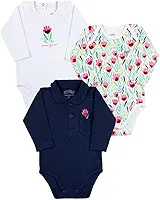 Kit Body Bebê Menina Manga Longa Suedine Algodão Fio Egípcio Liso e Estampado e Piquet - Marinho 1