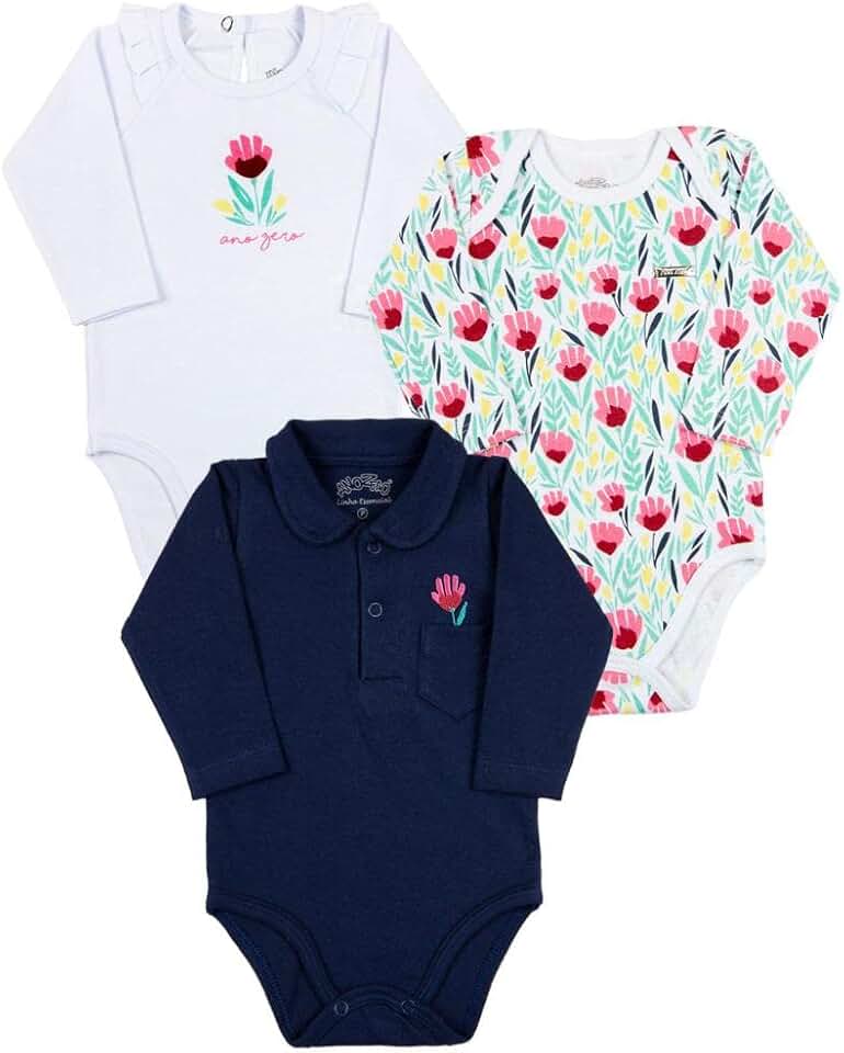 Kit Body Bebê Menina Manga Longa Suedine Algodão Fio Egípcio Liso e Estampado e Piquet - Marinho P