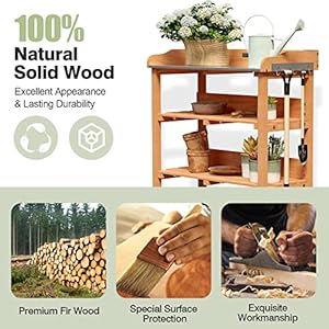 Giantex Garden Potting Bench, Outdoor Wood Workstation Table with Galvanized Steel Tabletop, 5 Hooks, 2-Tier Storage Shelves, Outside Work Station Potting Table with Raised Edge, Easy Assembly Giantex Garden Potting Bench Outdoor Wood Workstation Table with Galvanized Steel Tabletop 5 Hooks 2 Tier Storage Shelves Outside Work Station Potting Table with Raised Edge Easy Assembly