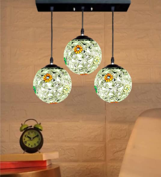 Carsten Three Sparkle Glass Globe Shape Cluster Unique and Decorative Fancy Hanging Light/Pendant Light for Ceiling to Decor Your Bar Restaurant Bedroom Drying Room, Linear Plate Base, Sparkle and White