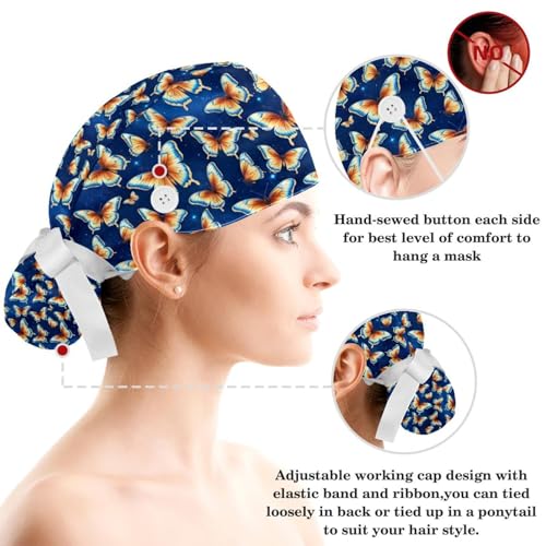 Image of Colored Butterflies Scrub Caps Women Ponytail, Adjustable Bouffant Surgical Caps with Button, Nurse Hats Long Hair